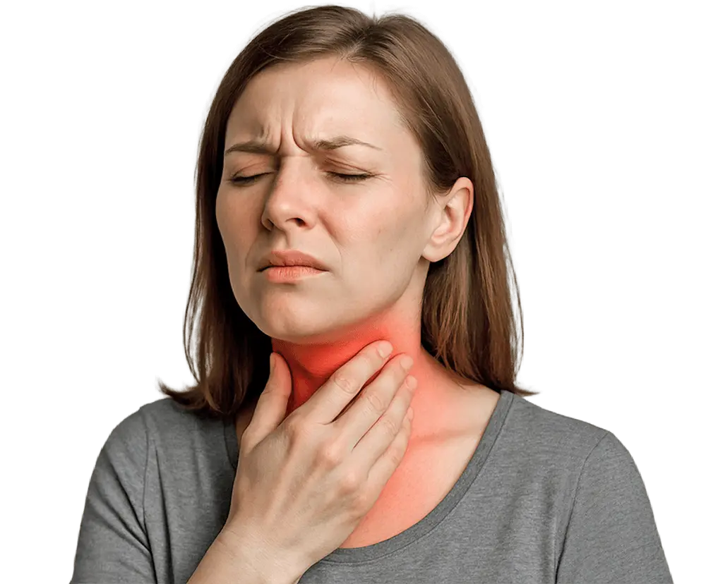 Žena drži ruku na grlu zbog bola – ilustracija simptoma bola u grlu