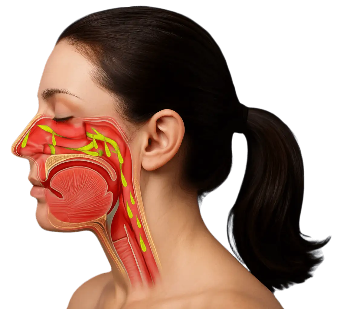 Ilustracija slivanja sluzi niz zadnji zid ždrela kod pacijenta sa refluksom