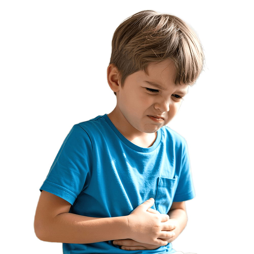 Dečak sa blagim nelagodnim izrazom lica, moguće zbog simptoma refluksa
