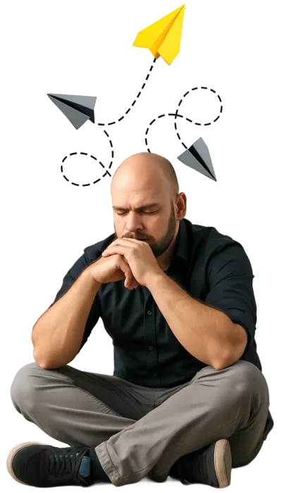 Ilustracija umornog čoveka koji sedi s glavom naslonjenom na ruke za stolom